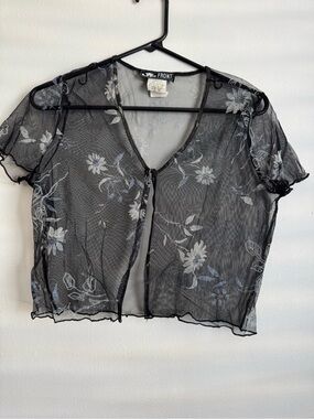 Sheer Mesh Floral Cropped Top - Black
